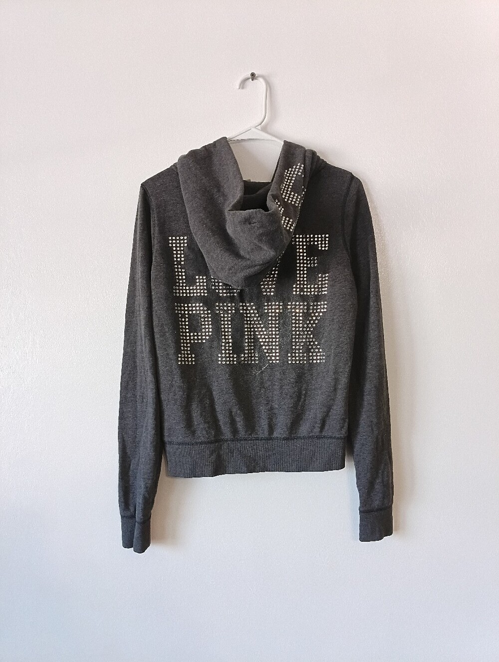 VICTORIA'S SECRET LOVE PINK RHINESTONE GRAY HOODIE SWEATSHIRT SIZE MEDIUM